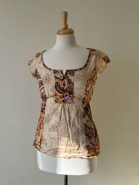 Vintage Bluenotes Cream and Brown Paisley Cap Sleeve Top
